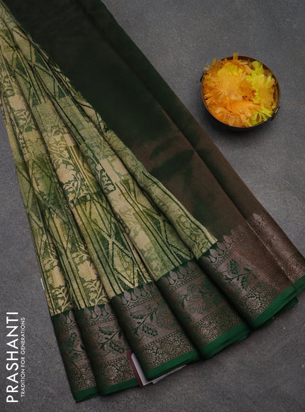 Chanderi silk cotton saree beige maroon and green with allover prints and banarasi style border