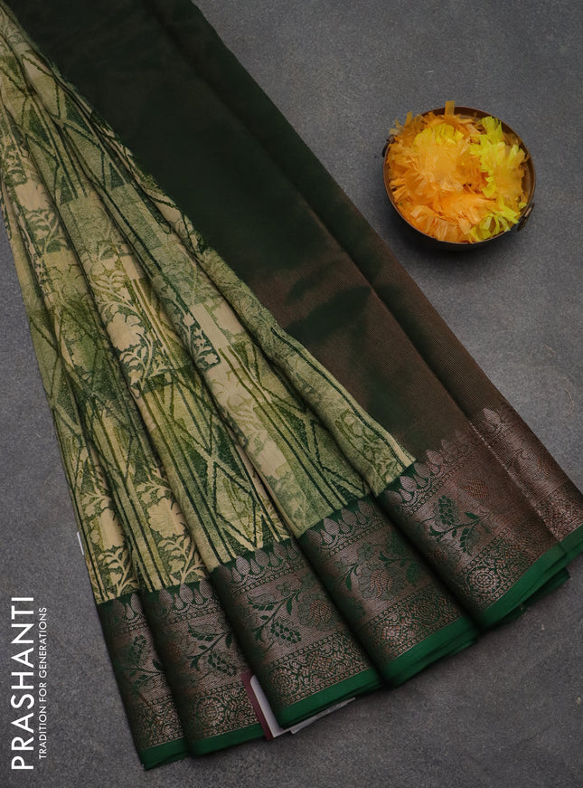 Chanderi silk cotton saree beige maroon and green with allover prints and banarasi style border