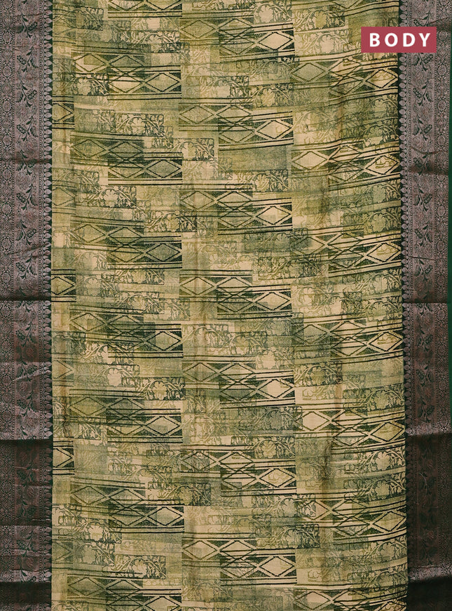 Chanderi silk cotton saree beige maroon and green with allover prints and banarasi style border