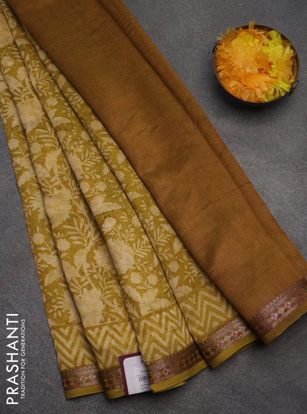 Chanderi silk cotton saree lime green with allover prints and banarasi style border