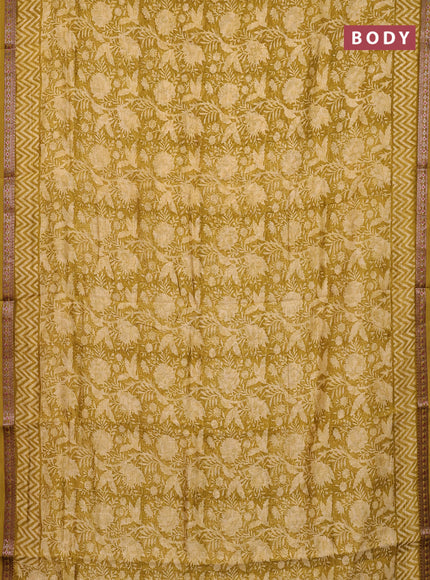 Chanderi silk cotton saree lime green with allover prints and banarasi style border