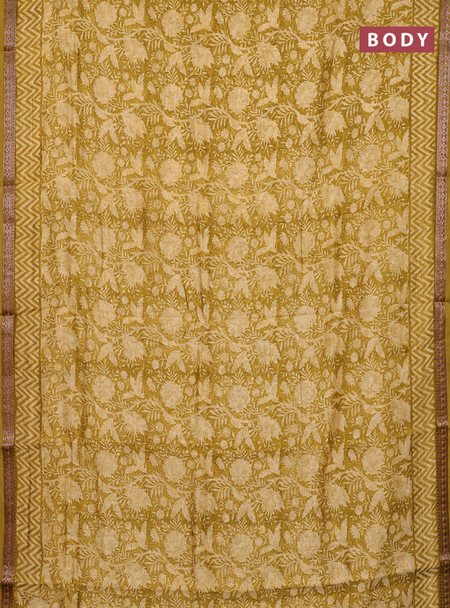 Chanderi silk cotton saree lime green with allover prints and banarasi style border