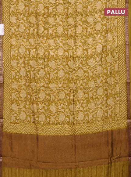 Chanderi silk cotton saree lime green with allover prints and banarasi style border