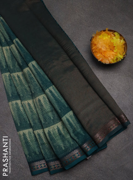 Chanderi silk cotton saree beige and peacock green with allover geometric prints and banarasi style border