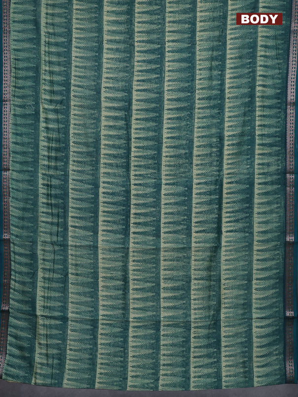 Chanderi silk cotton saree beige and peacock green with allover geometric prints and banarasi style border