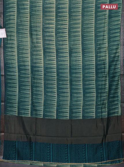 Chanderi silk cotton saree beige and peacock green with allover geometric prints and banarasi style border