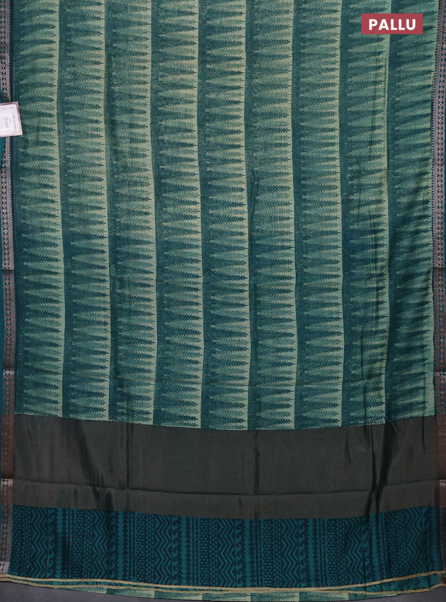 Chanderi silk cotton saree beige and peacock green with allover geometric prints and banarasi style border