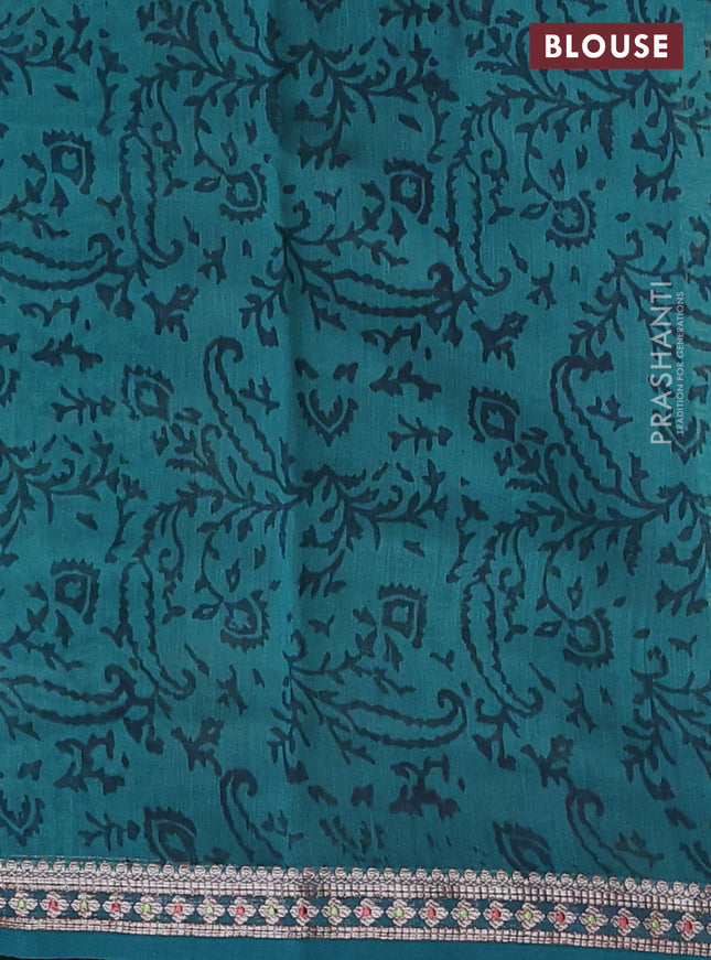 Chanderi silk cotton saree beige and peacock green with allover geometric prints and banarasi style border