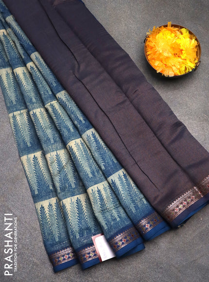 Chanderi silk cotton saree sandal and peacock blue with allover geometric prints and banarasi style border
