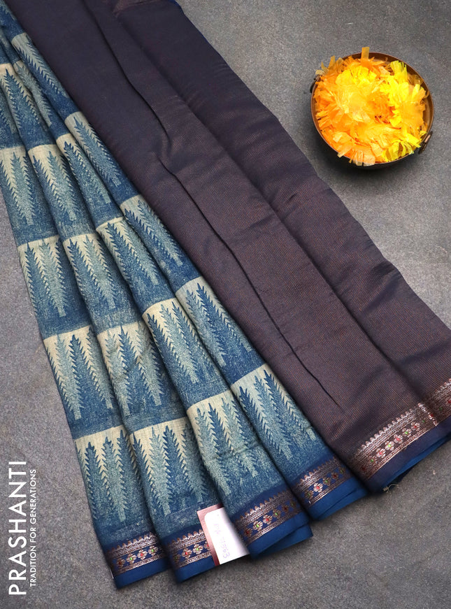 Chanderi silk cotton saree sandal and peacock blue with allover geometric prints and banarasi style border