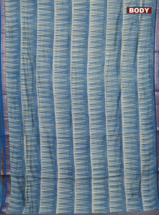 Chanderi silk cotton saree sandal and peacock blue with allover geometric prints and banarasi style border