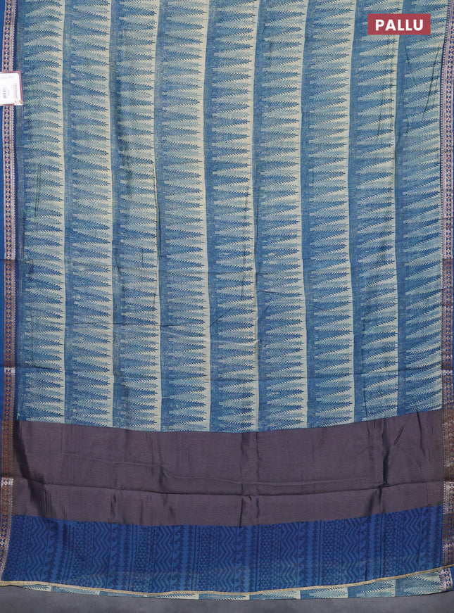 Chanderi silk cotton saree sandal and peacock blue with allover geometric prints and banarasi style border