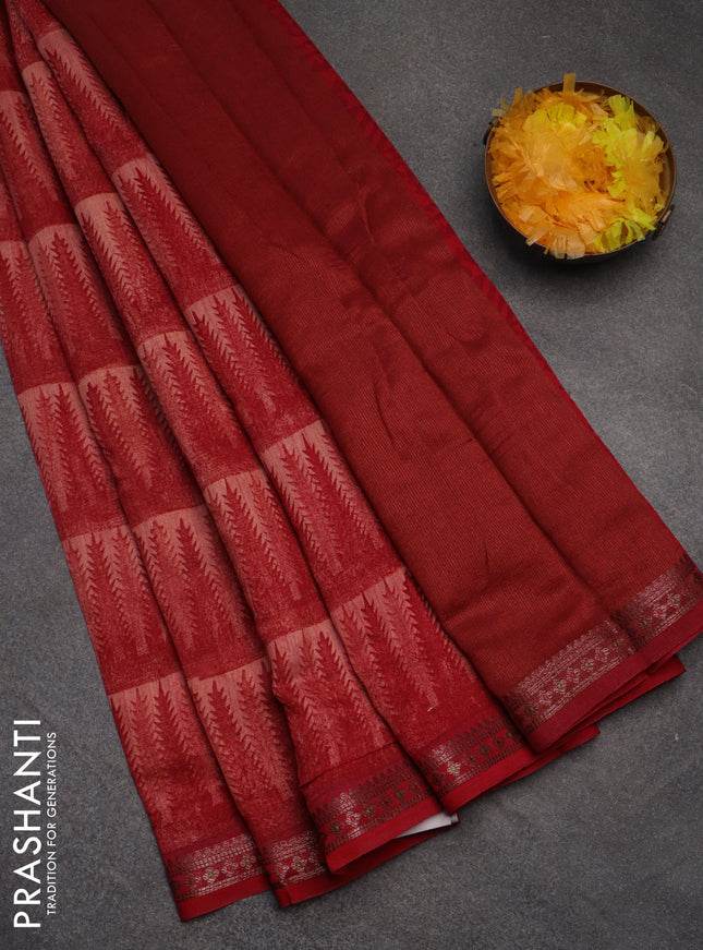 Chanderi silk cotton saree maroon with allover geometric prints and banarasi style border