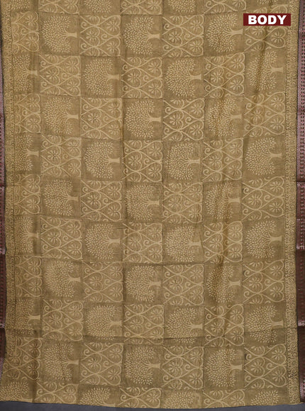 Chanderi silk cotton saree sandal and sap green with allover prints and banarasi style border