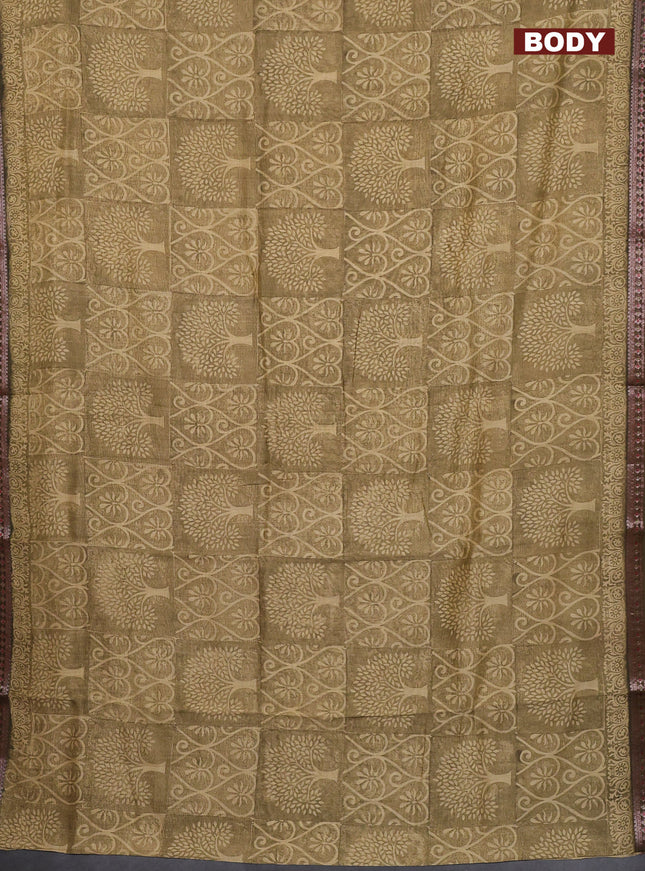 Chanderi silk cotton saree sandal and sap green with allover prints and banarasi style border