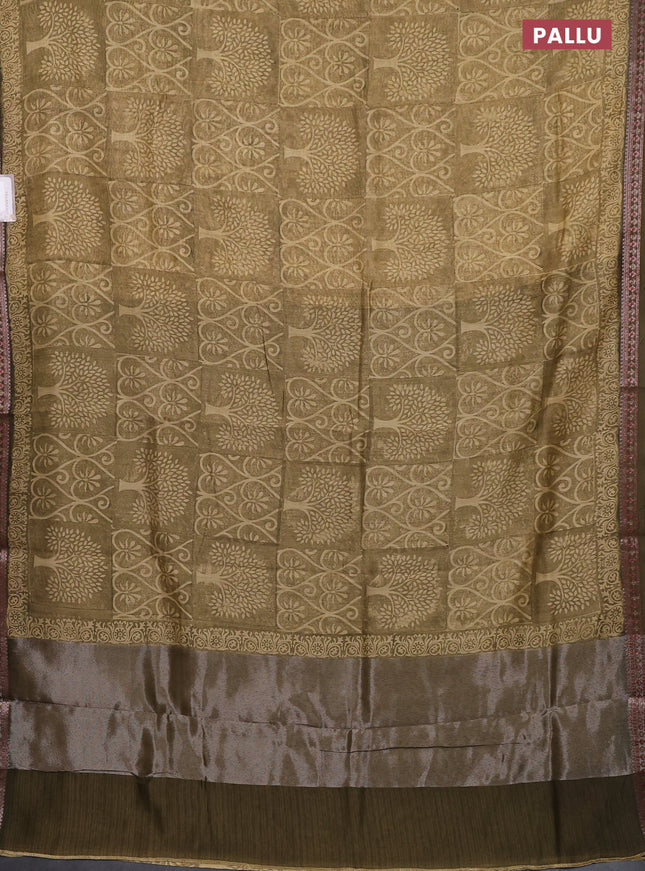 Chanderi silk cotton saree sandal and sap green with allover prints and banarasi style border