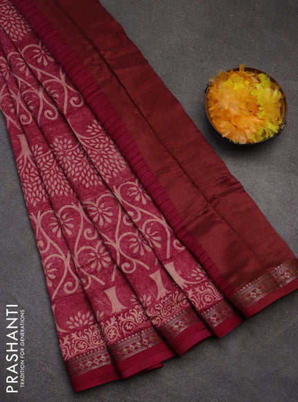 Chanderi silk cotton saree magenta pink with allover prints and banarasi style border
