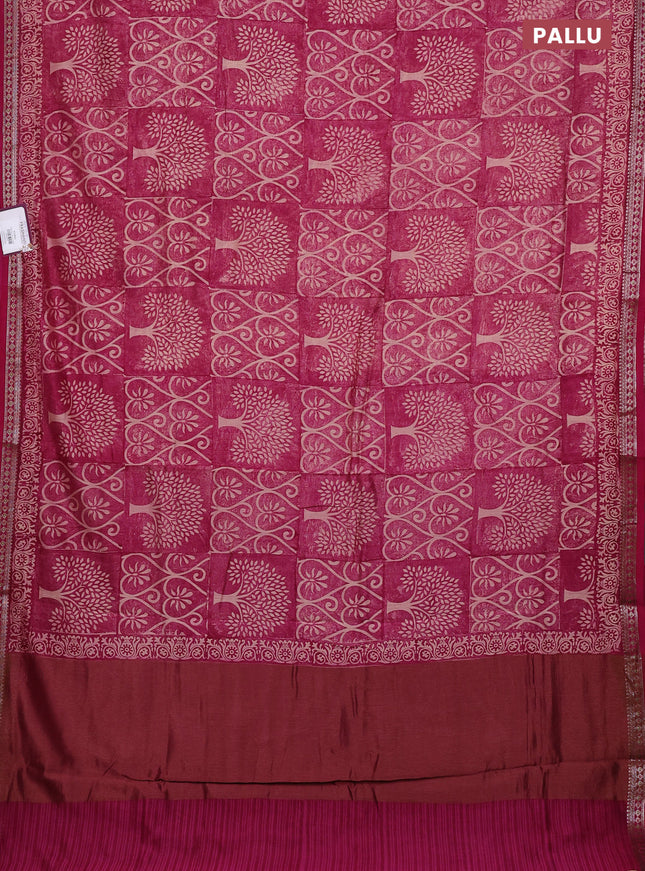 Chanderi silk cotton saree magenta pink with allover prints and banarasi style border