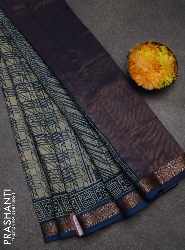 Chanderi silk cotton saree beige and peacock blue with allover prints and banarasi style border