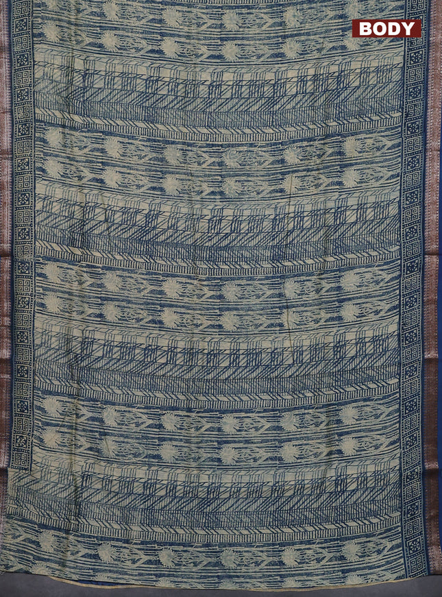 Chanderi silk cotton saree beige and peacock blue with allover prints and banarasi style border
