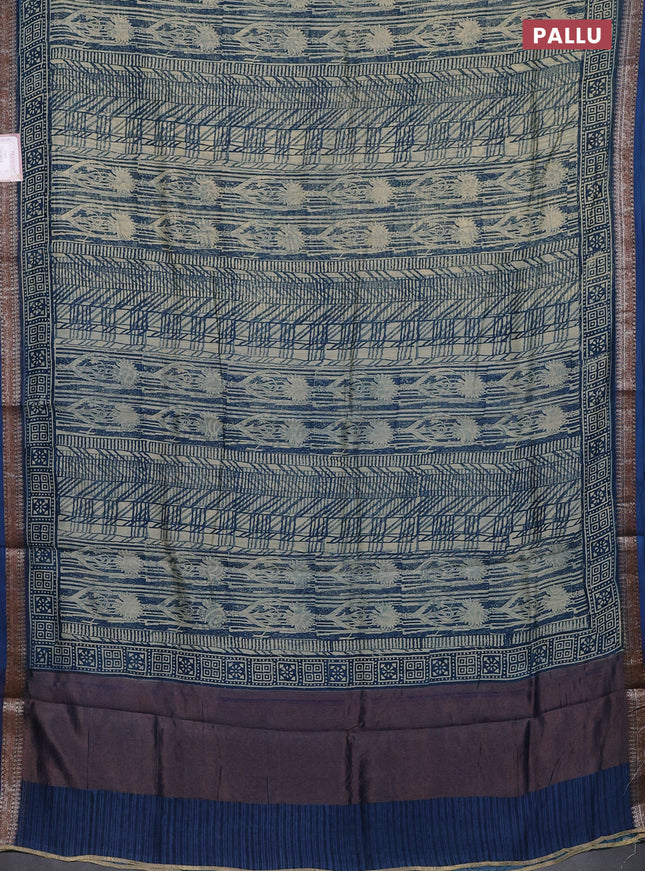 Chanderi silk cotton saree beige and peacock blue with allover prints and banarasi style border