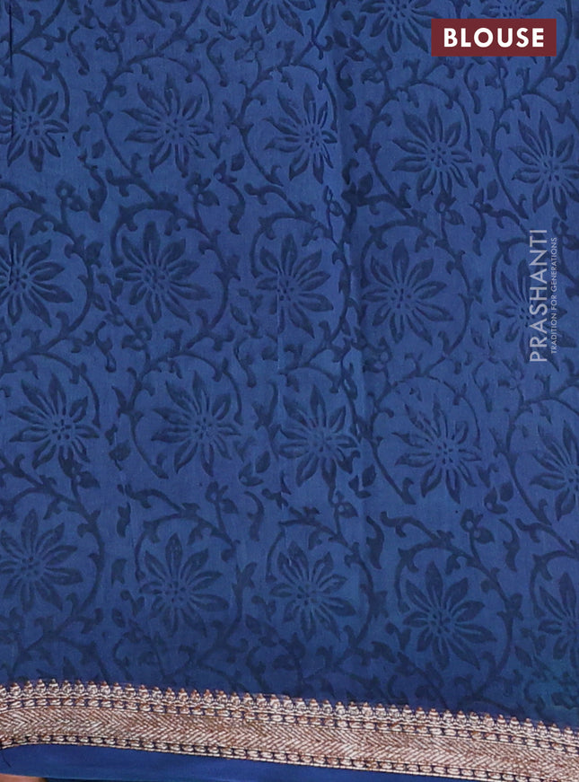 Chanderi silk cotton saree beige and peacock blue with allover prints and banarasi style border