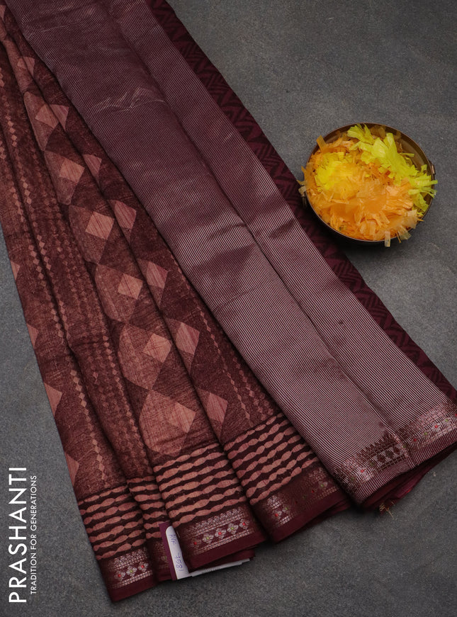 Chanderi silk cotton saree brown shade and maroon with allover geometric prints and thread woven border