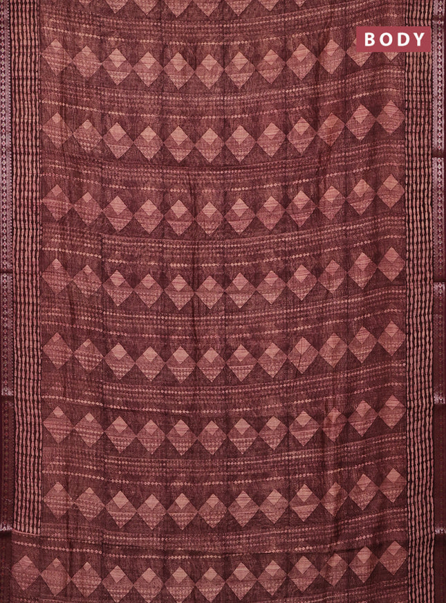 Chanderi silk cotton saree brown shade and maroon with allover geometric prints and thread woven border