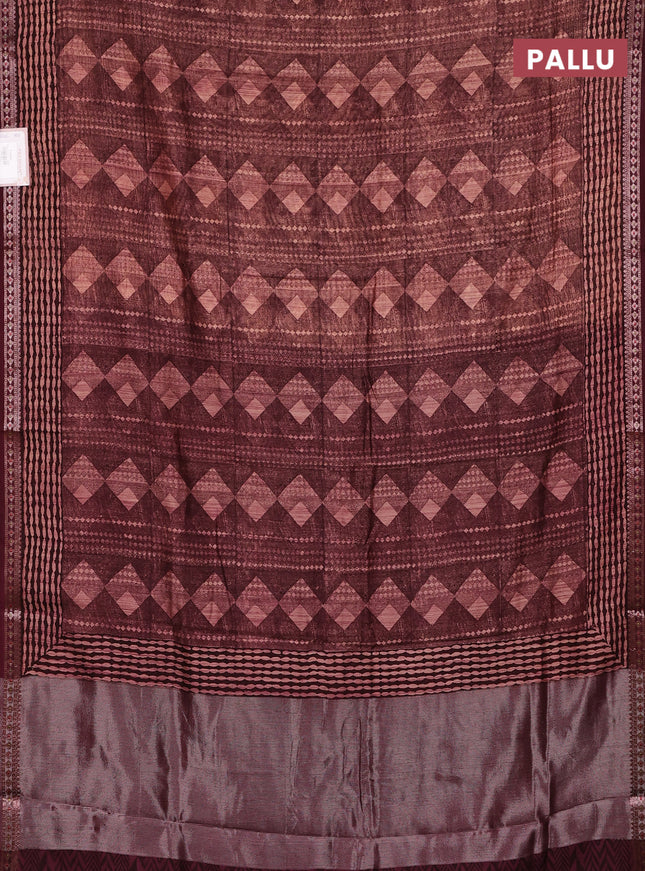 Chanderi silk cotton saree brown shade and maroon with allover geometric prints and thread woven border