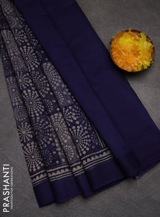 Chanderi silk cotton saree navy blue with allover geometric prints and thread woven border
