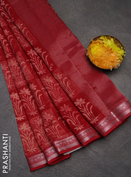 Chanderi silk cotton saree red with allover floral prints and banarasi style border