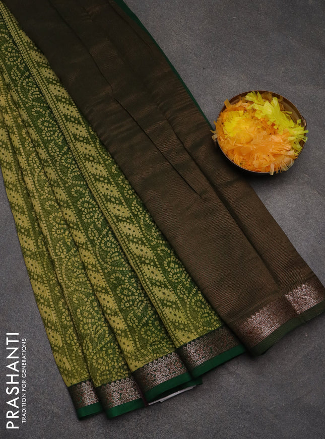 Chanderi silk cotton saree lime yellow and green with allover bandhini prints and banarasi style border