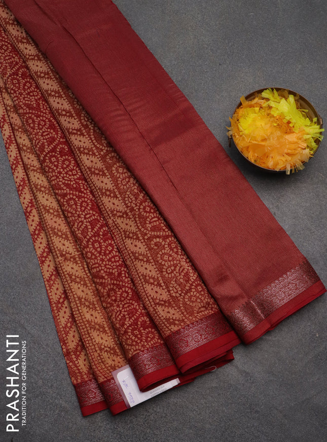 Chanderi silk cotton saree sandal and maroon with allover bandhini prints and banarasi style border