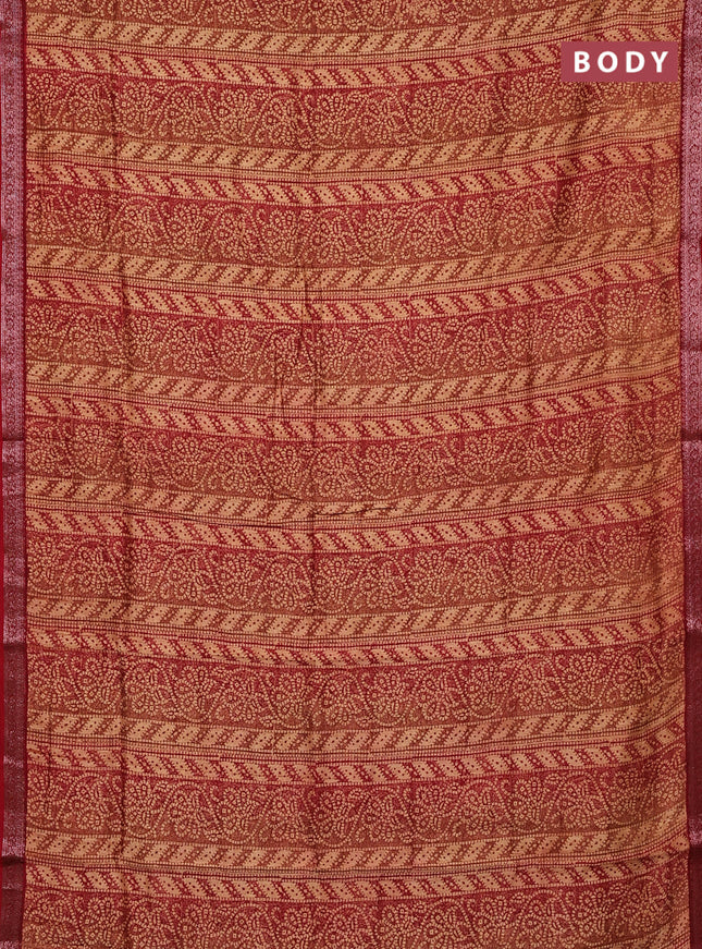 Chanderi silk cotton saree sandal and maroon with allover bandhini prints and banarasi style border