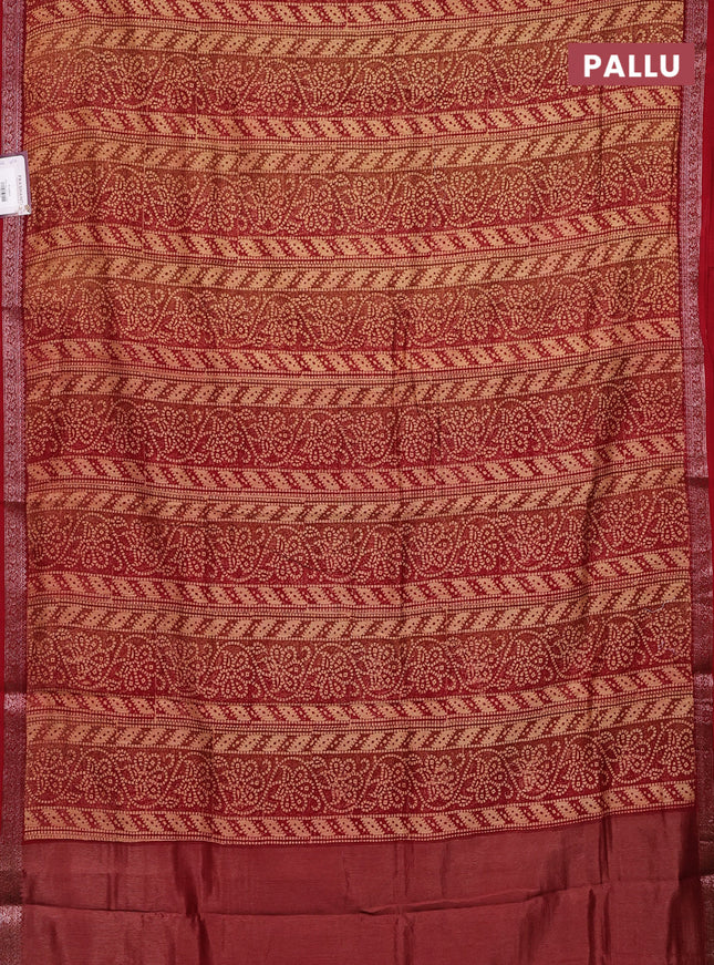 Chanderi silk cotton saree sandal and maroon with allover bandhini prints and banarasi style border