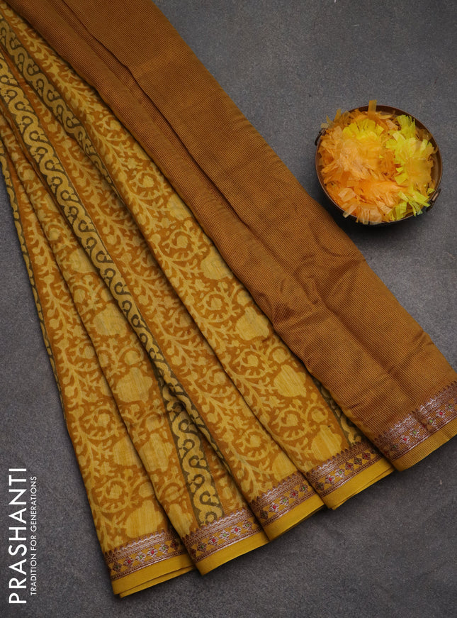 Chanderi silk cotton saree mustard yellow with allover prints and banarasi style border