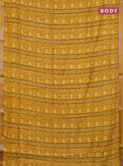 Chanderi silk cotton saree mustard yellow with allover prints and banarasi style border