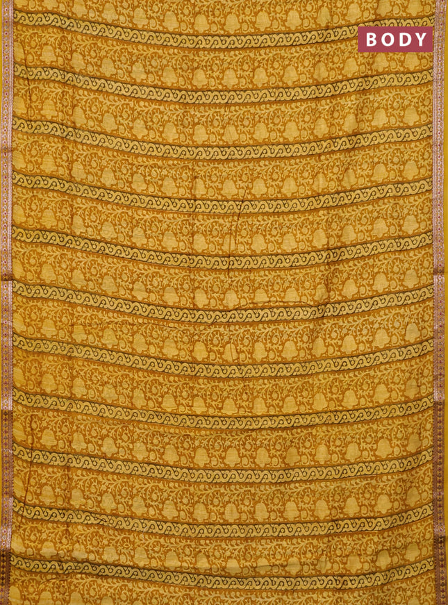 Chanderi silk cotton saree mustard yellow with allover prints and banarasi style border