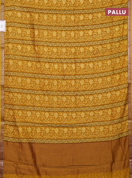 Chanderi silk cotton saree mustard yellow with allover prints and banarasi style border