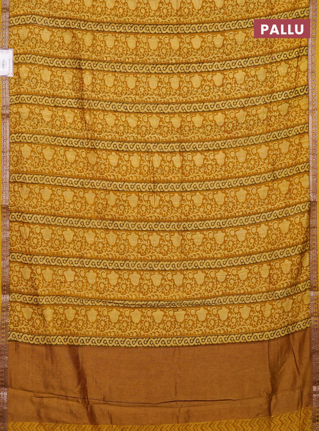 Chanderi silk cotton saree mustard yellow with allover prints and banarasi style border