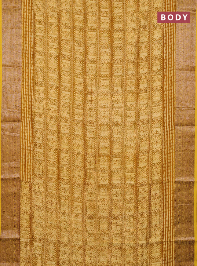 Chanderi silk cotton saree pale yellow and mustard yellow with allover prints and banarasi style border