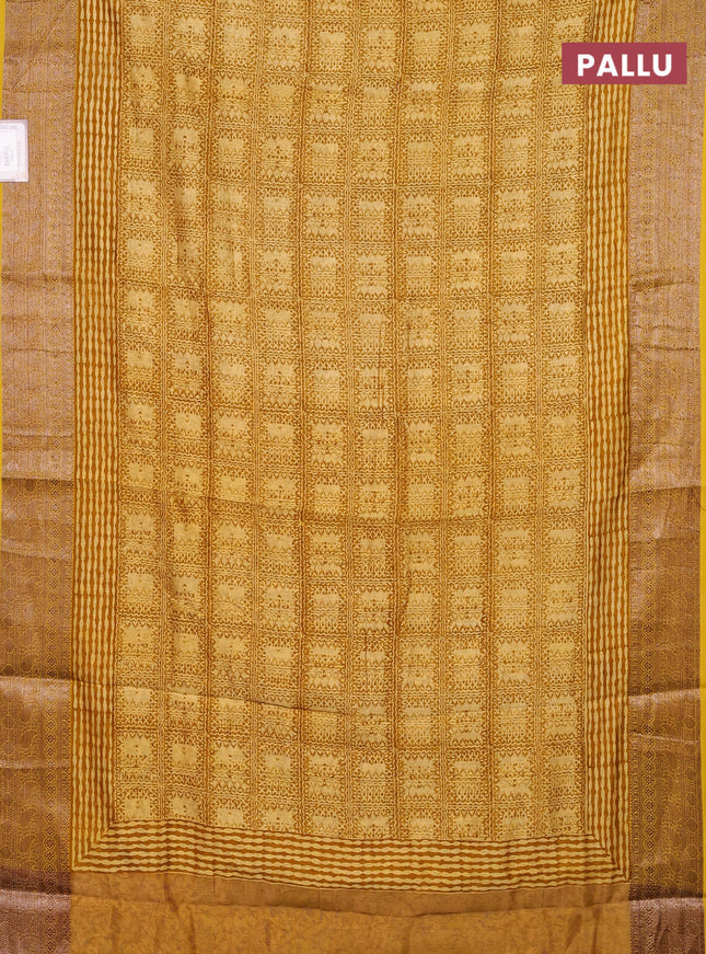 Chanderi silk cotton saree pale yellow and mustard yellow with allover prints and banarasi style border