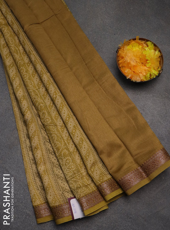 Chanderi silk cotton saree sandal mustard shade and green shade with allover prints and banarasi style border