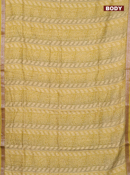 Chanderi silk cotton saree sandal mustard shade and green shade with allover prints and banarasi style border