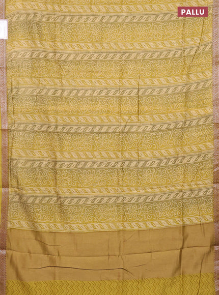 Chanderi silk cotton saree sandal mustard shade and green shade with allover prints and banarasi style border