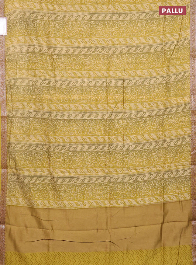 Chanderi silk cotton saree sandal mustard shade and green shade with allover prints and banarasi style border