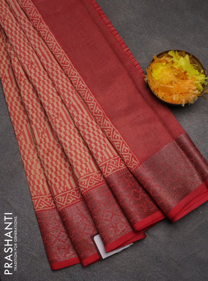 Chanderi silk cotton saree beige and peach shade red with allover prints and banarasi style border