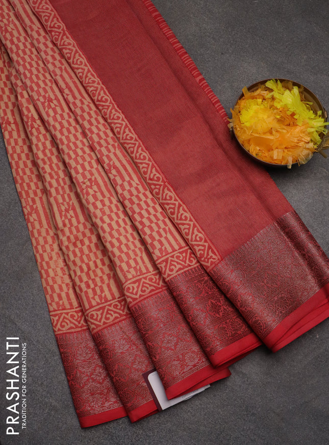 Chanderi silk cotton saree beige and peach shade red with allover prints and banarasi style border