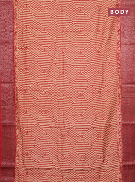 Chanderi silk cotton saree beige and peach shade red with allover prints and banarasi style border