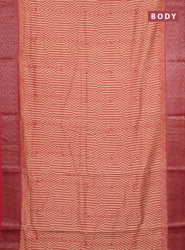 Chanderi silk cotton saree beige and peach shade red with allover prints and banarasi style border
